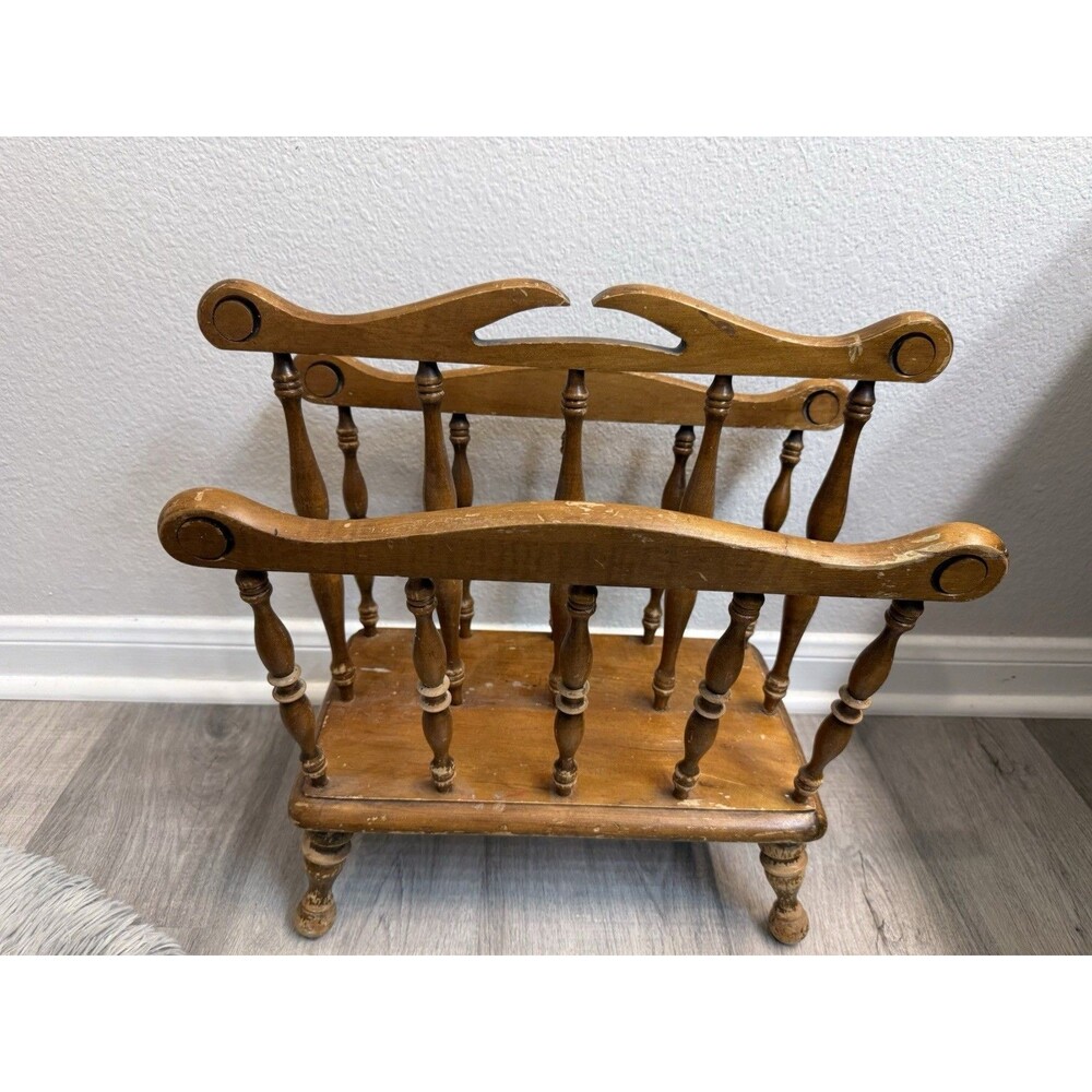 Vintage Mid-Century Wooden Magazine Rack with Handle and Wooden Spindles
